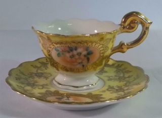 Miniature Porcelain Hand Painted Tea Cup & Saucer Gold Gilt - Japan