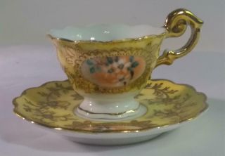 Miniature Porcelain Hand Painted Tea Cup & Saucer Gold Gilt - JAPAN 2