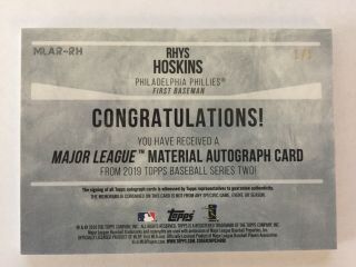 RHYS HOSKINS 2019 Topps AUTO RELIC 1/1 Platinum Phillies One Of One Rare 2