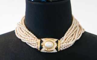 Ciner (r) Necklace 17” Pearl & Rhinestone Cabochon Art Deco Style | 1984 Ish