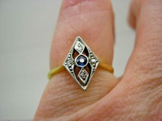 Art Deco 18ct Gold Platinum Diamond & Sapphire Marquise Shape Ring size K 4