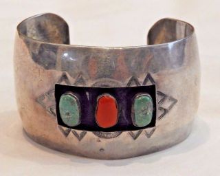 Vintage Sterling Silver With Turquoise And Coral Southwestern Cuff Bracelet