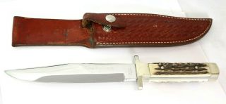 Rare Vintage Kershaw " Bowie " Stag Handle Knife & Leather Sheath