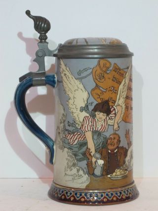 Antique Mettlach 1/2l Etched German Beer Stein " Drinker On Mount Olympus " 2089