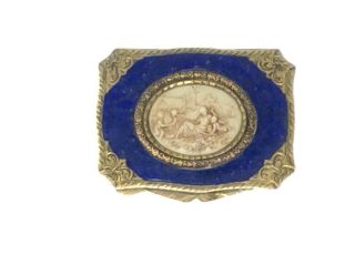 Vintage Italy Ornate Blue Enamel Compact Mother & Children Gold Tone Metal