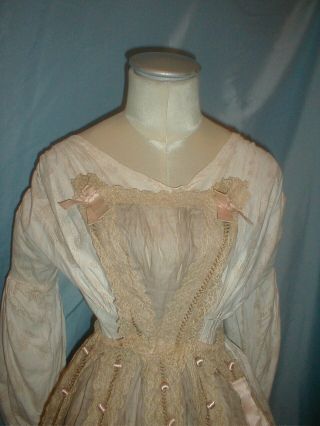 Antique Dress Apron 1860 ' s Beige Chiffon Pink Ribbon and Lace Trim 2