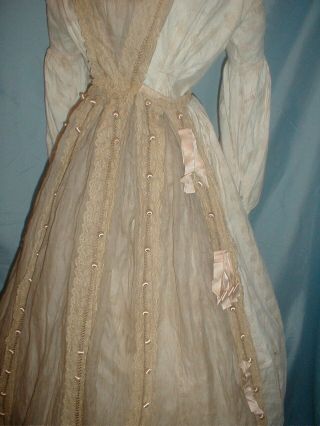 Antique Dress Apron 1860 ' s Beige Chiffon Pink Ribbon and Lace Trim 3