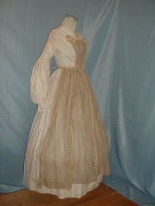 Antique Dress Apron 1860 ' s Beige Chiffon Pink Ribbon and Lace Trim 5