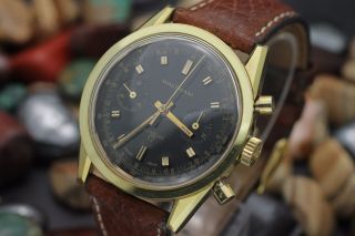 Vintage Waltham Chronograph Landeron 248 Gold Plaque Black Dial Watch W/ Box