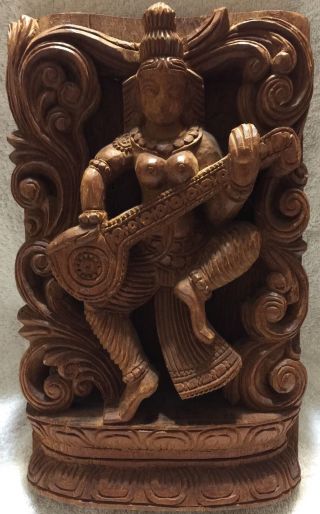 Vtg 17th Century Style Old Hand Carved Wooden Hindu Goddess Saraswati 12 " X 7”