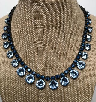 Blue Sapphire Necklace Vintage Topaz Rhinestone Signed Schreiner York