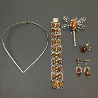Vintage Parure 925 Silver And Baltic Amber Estate Jewelry Set 6 Pc