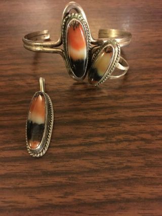 Vintage Silver Navajo Petrified Wood Pendant,  Ring & Bracelet Signed By Hosteen