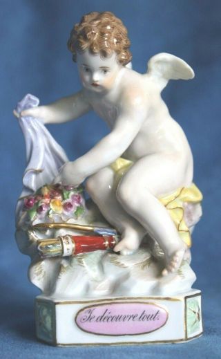 Antique Meissen 2 Flaming Hearts Flower Te Decouvre Tout Cupid Eros Putti Figure