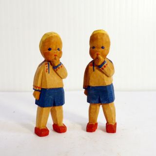 Vintage Miniature German Hand Painted Carved Wood 2 Boys