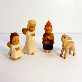Vintage Miniature German Hand Painted Carved Wood Christmas Figurines X 4