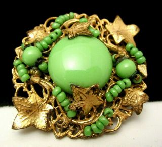 Rare Vintage 2 " Signed Miriam Haskell Goldtone Detailed Green Glass Brooch A10