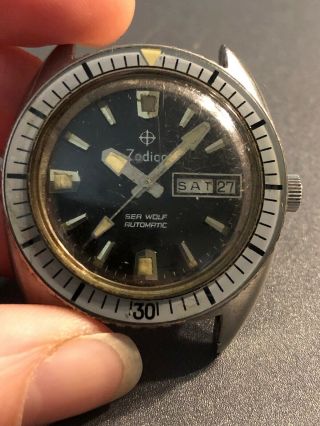 Very Rare Zodiac Sea Wolf Automatic Stainless Watch Running Day Date Vintage