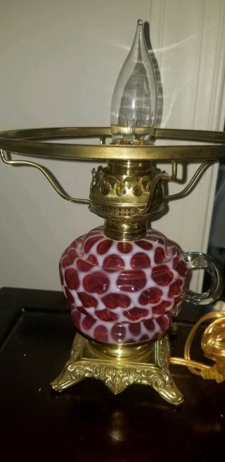 Vintage Cranberry Art Glass Coin Spot Dot Oil Lamp Brass Base Electrified