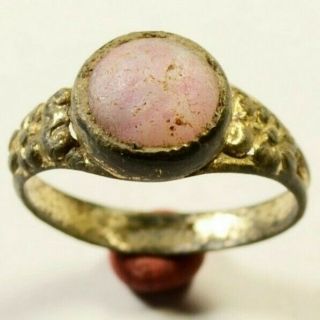 Gilded Post Medieval Bronze Ring With Pink Glass / Stone On Bezel - Wearable