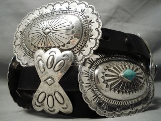 Huge And Heavy Vintage Navajo Hand Tooled Sterling Silver Turquoise Concho Belt
