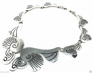 Vintage Design Taxco Mexican 925 Sterling Silver Floral Flower Necklace Mexico