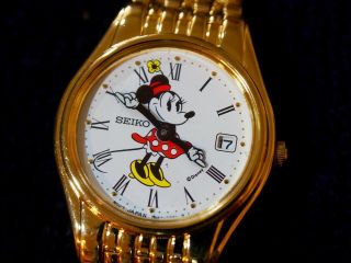 Vtg Disney Seiko Mickey / Minnie Mouse Gold Toned Bracelet Watch W/ Date Window
