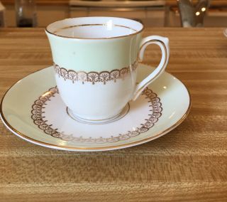 Vintage Tea Cup & Saucer Coldough Bone China Pale Green With Gold Trim