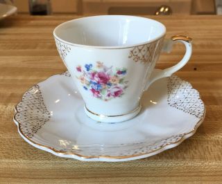 Vintage Tea Cup & Saucer White With Floral And Gold Pattern