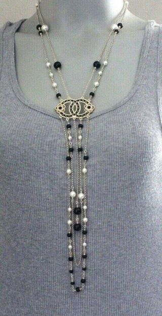 Chanel Cc Rare Black & White Pearl Double Strand Dangle Necklace