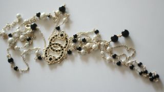 CHANEL CC rare Black & White Pearl Double Strand Dangle Necklace 2
