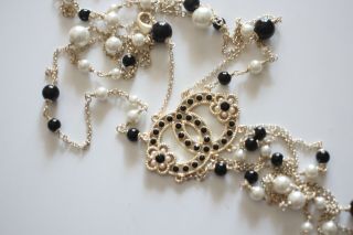CHANEL CC rare Black & White Pearl Double Strand Dangle Necklace 3