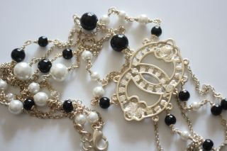 CHANEL CC rare Black & White Pearl Double Strand Dangle Necklace 4