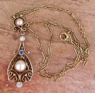 Antique 14k Yellow Gold Lavaliere Necklace Sapphire Diamond Pearl Edwardian
