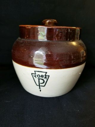 Vintage York " P " Stoneware Bean Pot With Lid