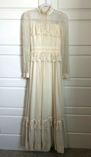 Gunne Sax Jessica Sz 7 Vintage Prairie Wedding Lace Boho Ruffle Sheer Dress