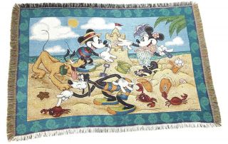 Rare Disney Throw Blanket Woven Tapestry Mickey Minnie Beach Sand Castle Vintage