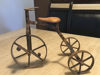 Vintage Large Three Wheel Cast Iron Tricycle With Wood Seat And Pedals
