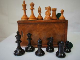 Antique Chess Set German ? Tournament Weighted Staunton Pattern K 95 Mm And Box
