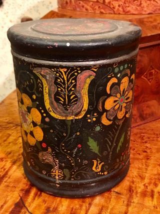 Antique 19th Century Folk Art Painted Tole Ware Canister 6 1/4 " Tall