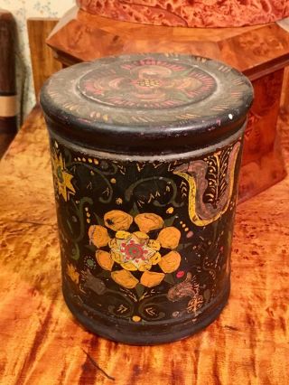 Antique 19th Century Folk Art Painted Tole Ware Canister 6 1/4 