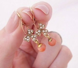 9ct Gold Natural Coral Seed Pearl Earrings,  Art Nouveau Victorian