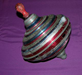 Vintage Tin Spinning Top Red Blue Silver Whistle/hum Toy Top