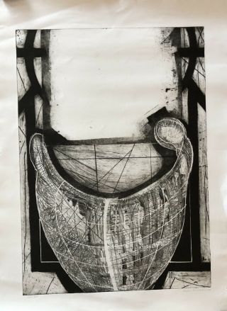 Vintage Mid Century Etching 1969 Signed Karyn Zarubica Large 40” X 29 1/2”