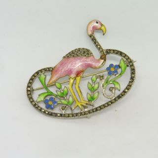 Antique Art Deco Sterling Silver And Enamel Pink Flamingo Pin W Marcasites