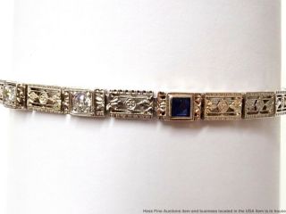 Antique Art Deco 14k White Gold Filigree Blue Sapphire Fine Diamond Bracelet