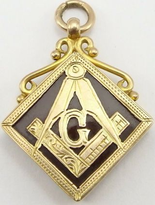 Antique Masonic 9 Carat Gold Watch Fob,  Pendant Or Charm Set With 2 Hardstones.