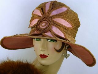 Vintage Hat 1920s Deco Wide Brim Cloche Hat,  Pink Silk,  Straw & Big Flower Front