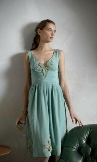 Anthropologie Lil Tawny Garden Vintage Silk Dress Sz 6 Rare Sea Foam Green Color