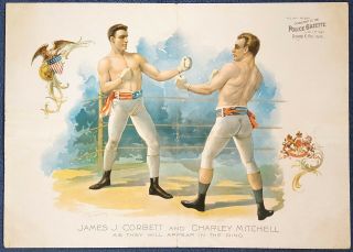 1894 James J.  Corbett V Charley Mitchell Antique Police Gazette Poster Boxing
